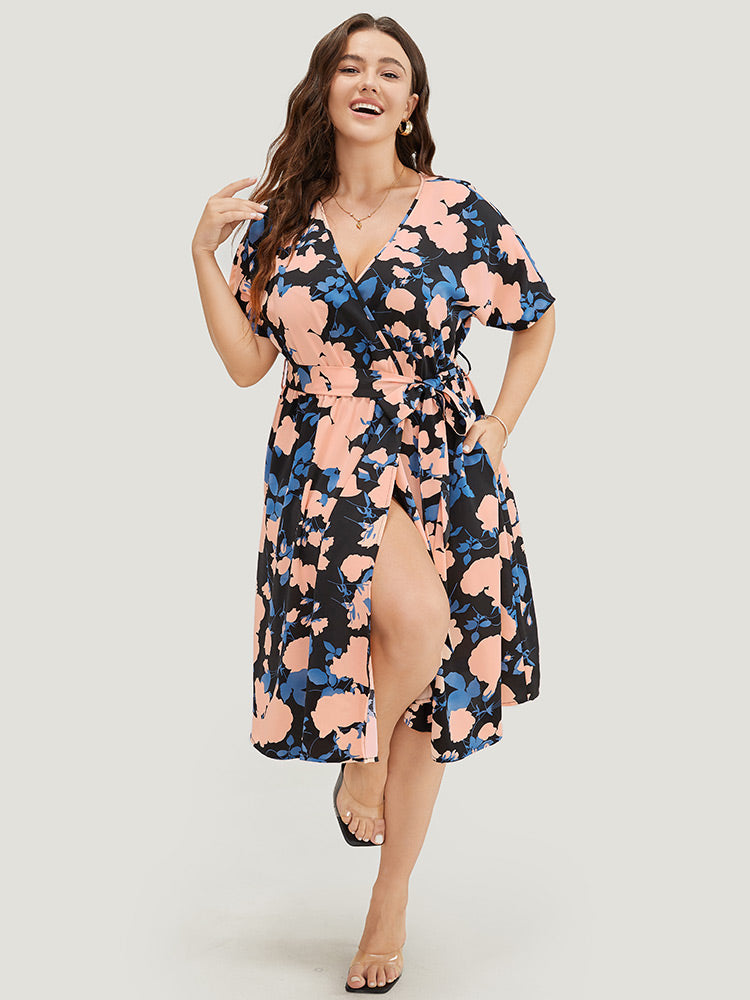 Floral Print Split Hem Belted Pocket Batwing Sleeve Dress