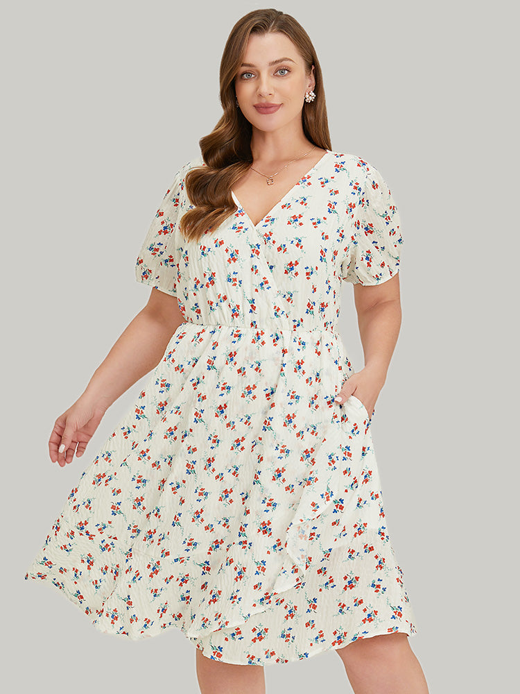 Ditsy Floral Puff Sleeve Pocket Ruffle Wrap Knee Dress