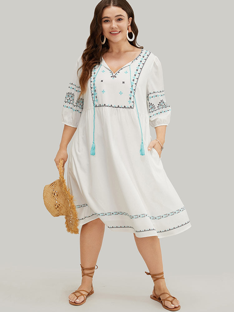 Bandana Print Tassels Lantern Sleeve Pocket Midi Dress