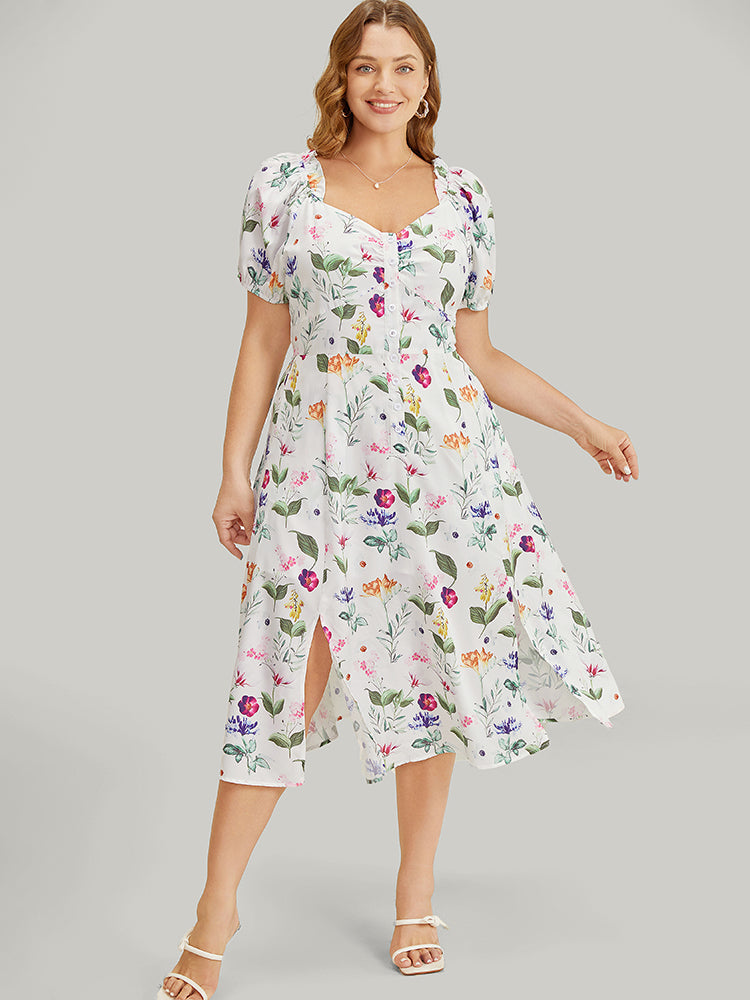 Floral Split Hem Button Detail Pocket Ruched Puff Sleeve  Dress