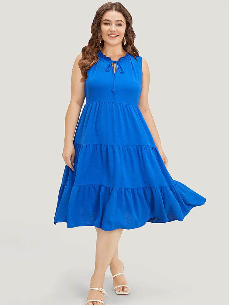 Plain Tie Neck Frill Trim Pocket Ruffle Tiered Dress