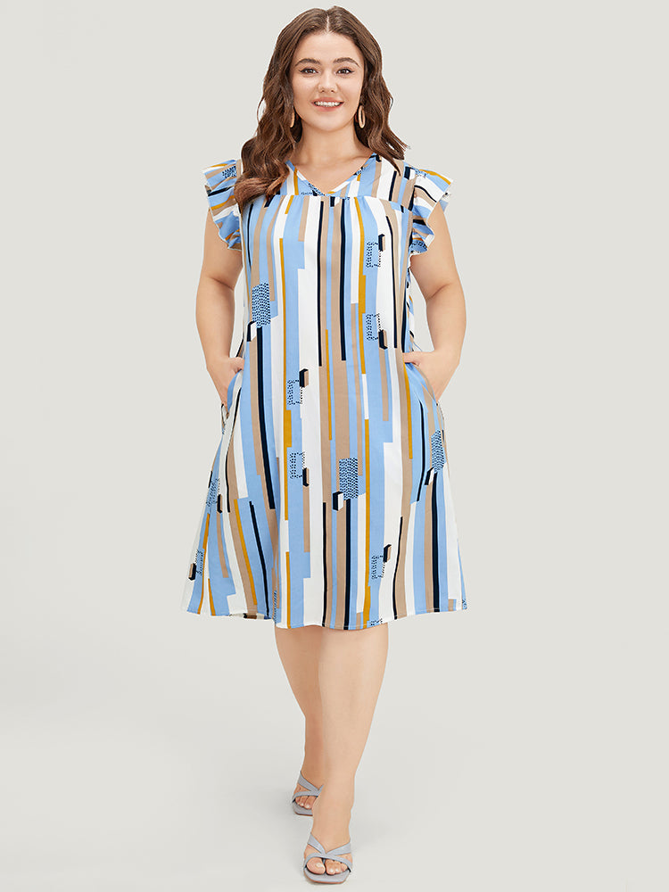 Geometric Print V Neck Pocket Flutter Cap Sleeve Midi Dress