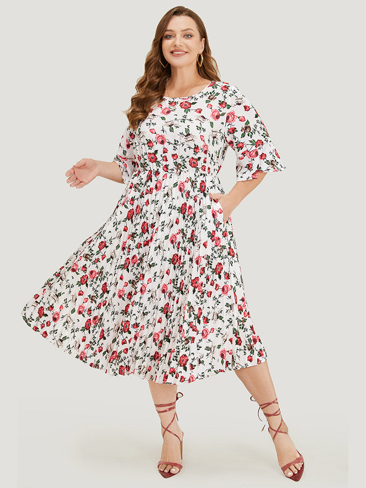 Floral Print Pleated Hem Pocket Bell Sleeve Midi Dress