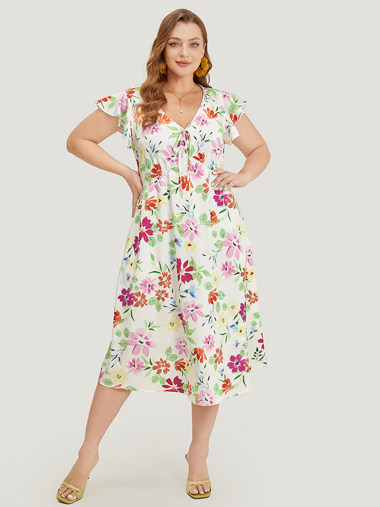 Floral Knot Neck Pocket Cap Sleeve Ruffle Trim Dress