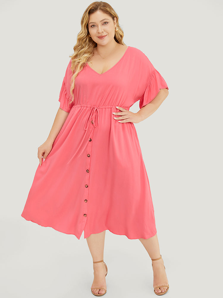 Solid Flutter Sleeve Button Detail Pocket Drawstring Dress