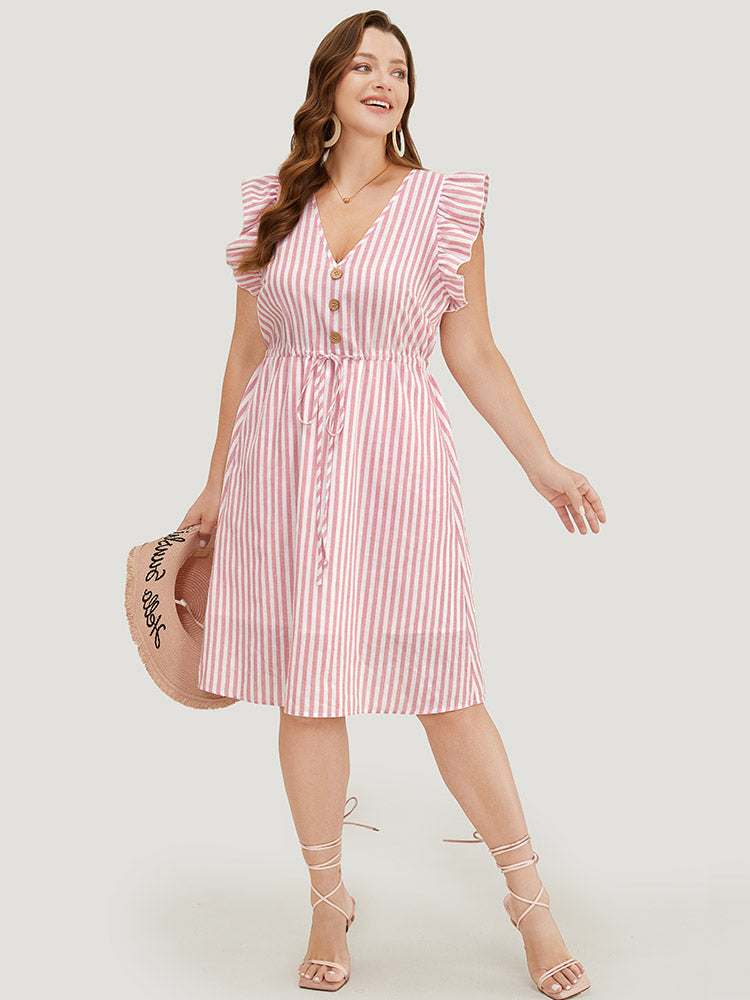 Striped Print Button Detail Ruffle Trim Drawstring Dress