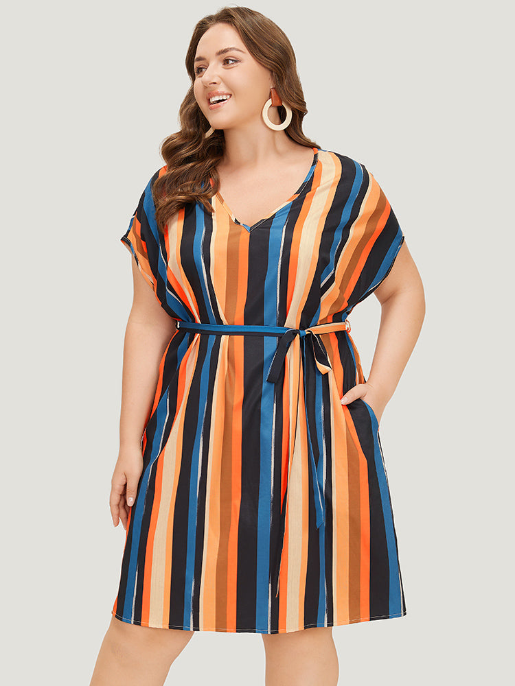 Rainbow Striped Batwing Sleeve Pocket Belt Dress