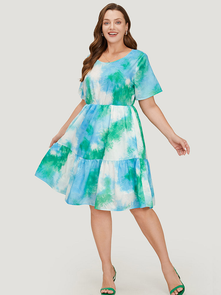 Tie Dye Crew Neck Pocket Ruffle Tiered Dress