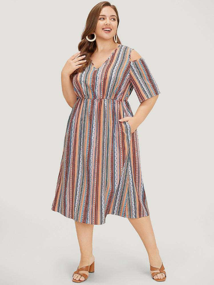 Rainbow Striped Pocket Cold Shoulder Dress