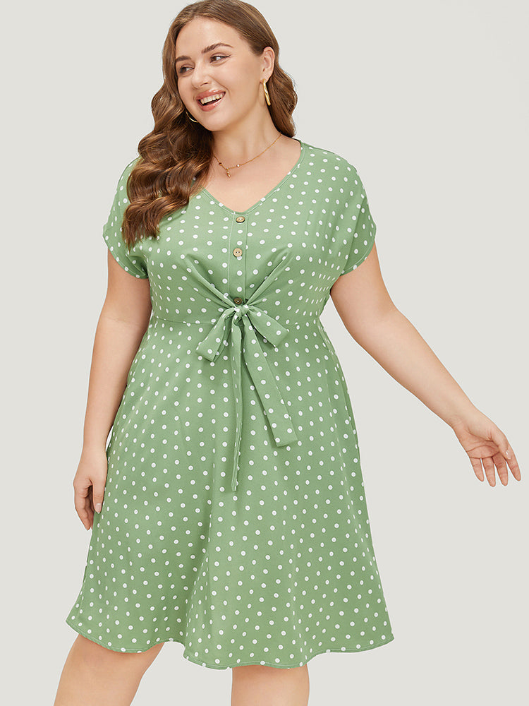 Polka Dot Pocket Button Detail Twist Front Knee Dress