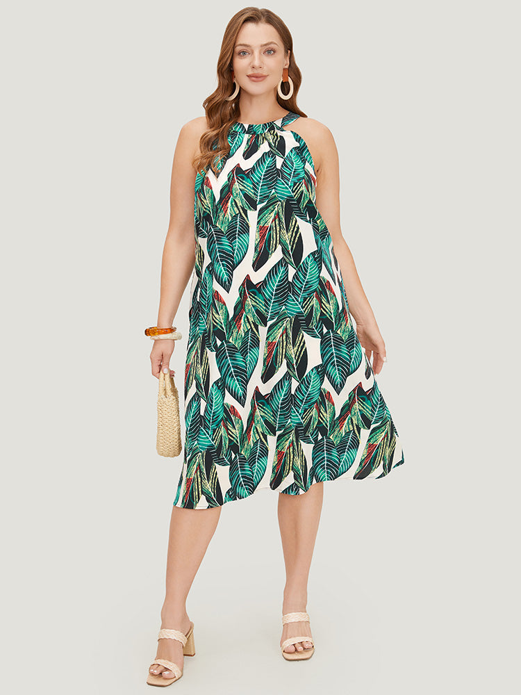 Tropical Print Pocket Keyhole Knotted Halter Dress