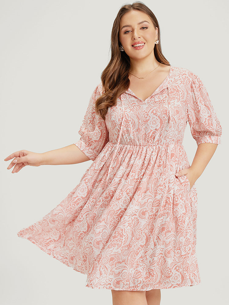 Floral Puff Sleeve Pocket Flutter Keyhole Knot Neck Dress