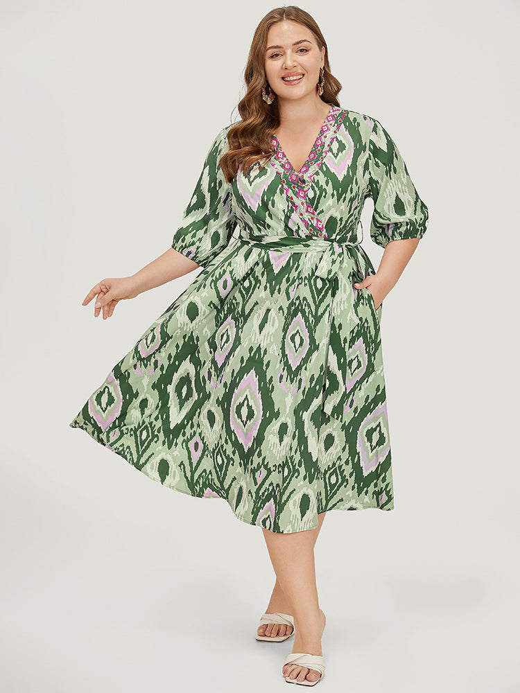 Pixel Geometric & Floral Belted Pocket Lantern Sleeve Dress