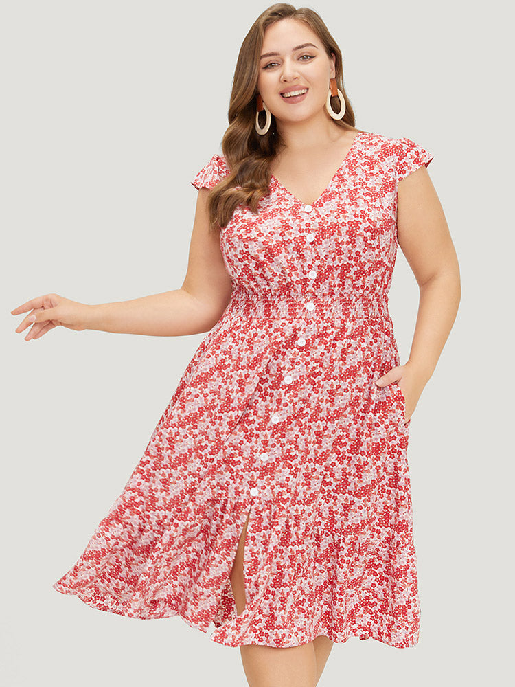 Ditsy Floral Shirred Cap Sleeve Pocket Split Ruffles Dress