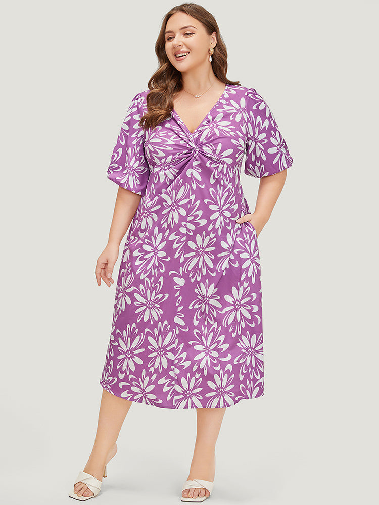 Floral Print Puff Sleeve Pocket Twist Front Dress