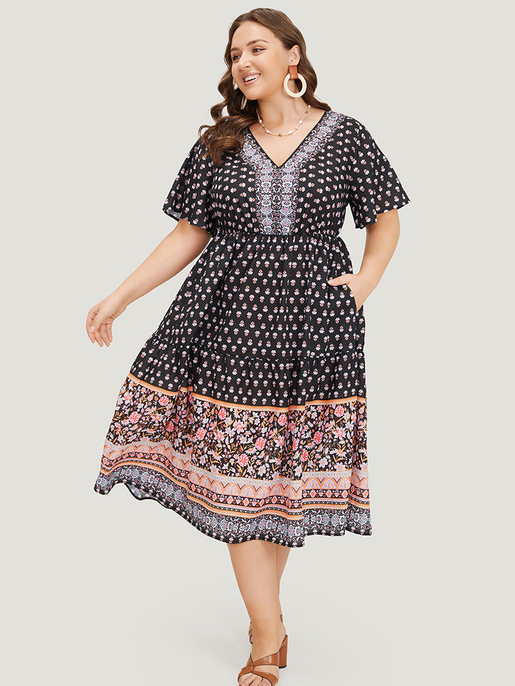 Boho Print Contrast Gathered Pocket Ruffles Dress