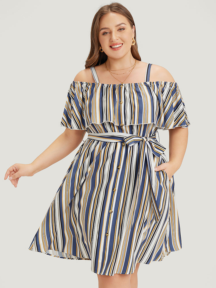 Striped Cold Shoulder Belt Pocket Button Detail Dress