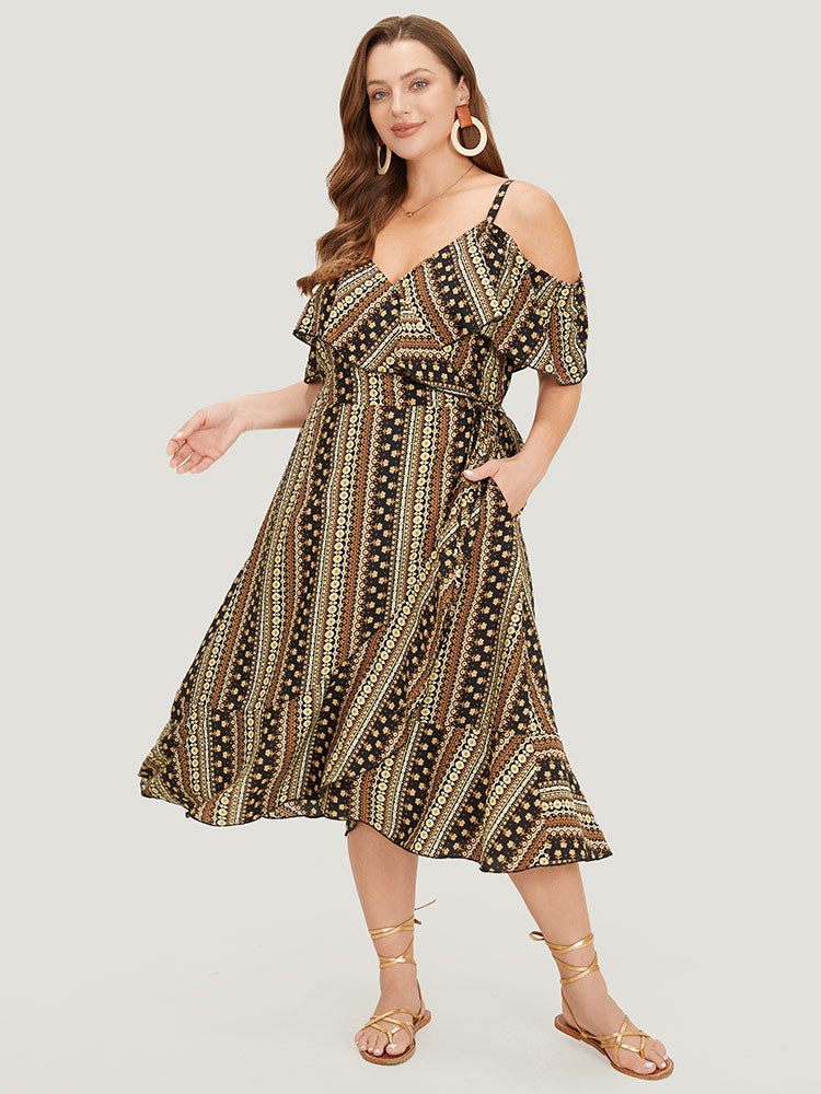 Bandana Pocket Ruffle Trim Cold Shoulder Dress