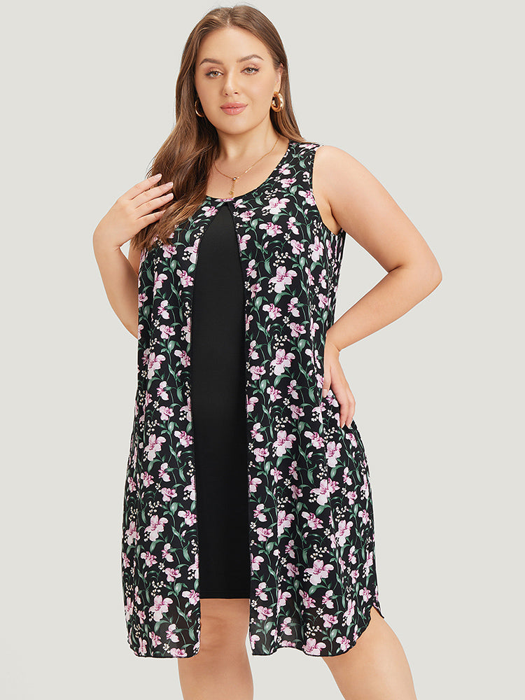 Floral Patchwork Round Neck Split Hem Tank Dress