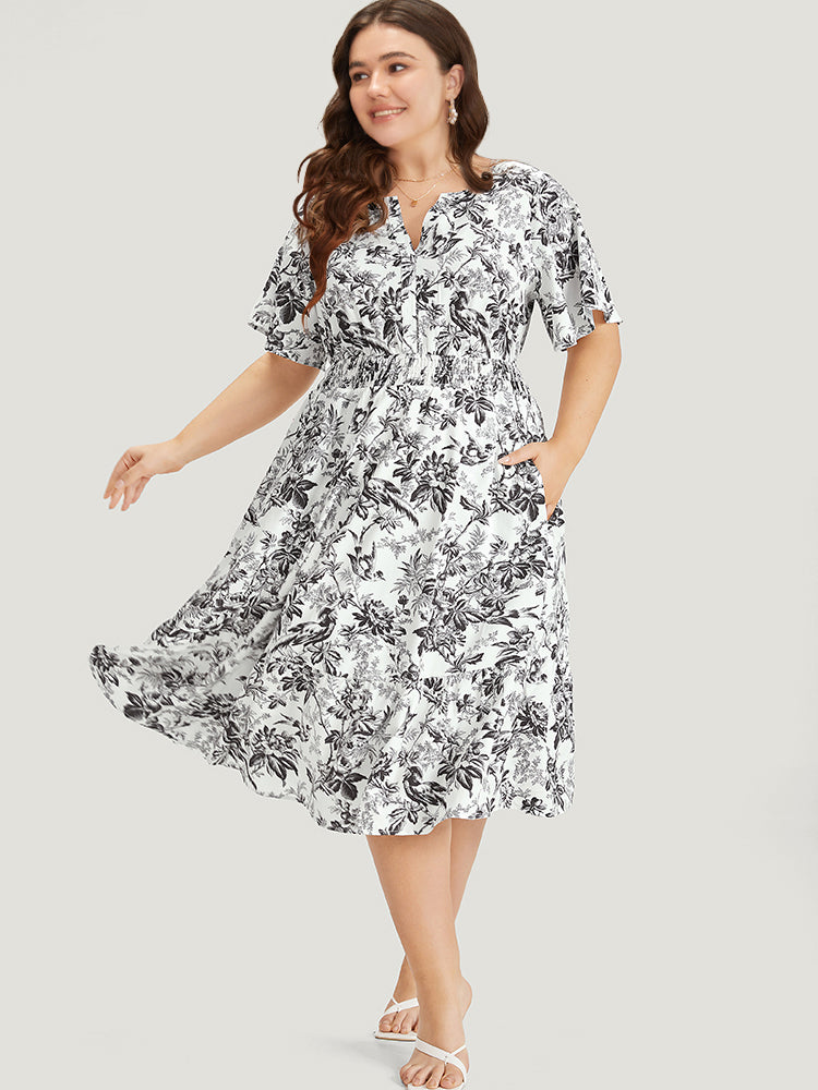 Silhouette Floral Print Shirred Notched Pocket Ruffles Dress