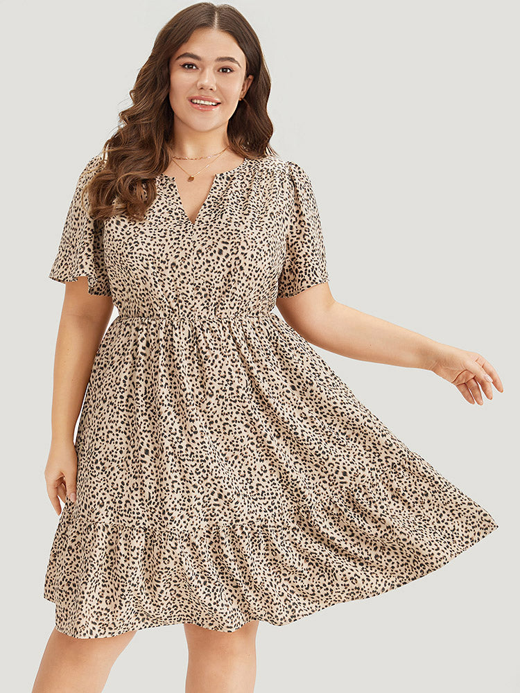 Leopard Notched Pocket Gathered Ruffle Layered Hem Dress