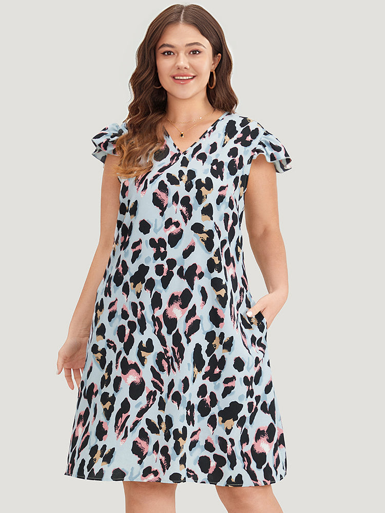 Colour Leopard Print Pocket Ruffle Cap Sleeve Dress