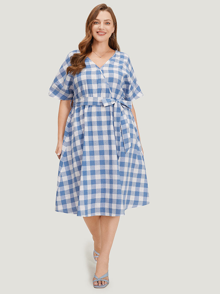 Colour Plaid Belted Surplice Neck Ruffles Dress