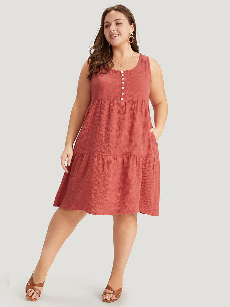 Solid Button Detail Layered Hem Tank Dress