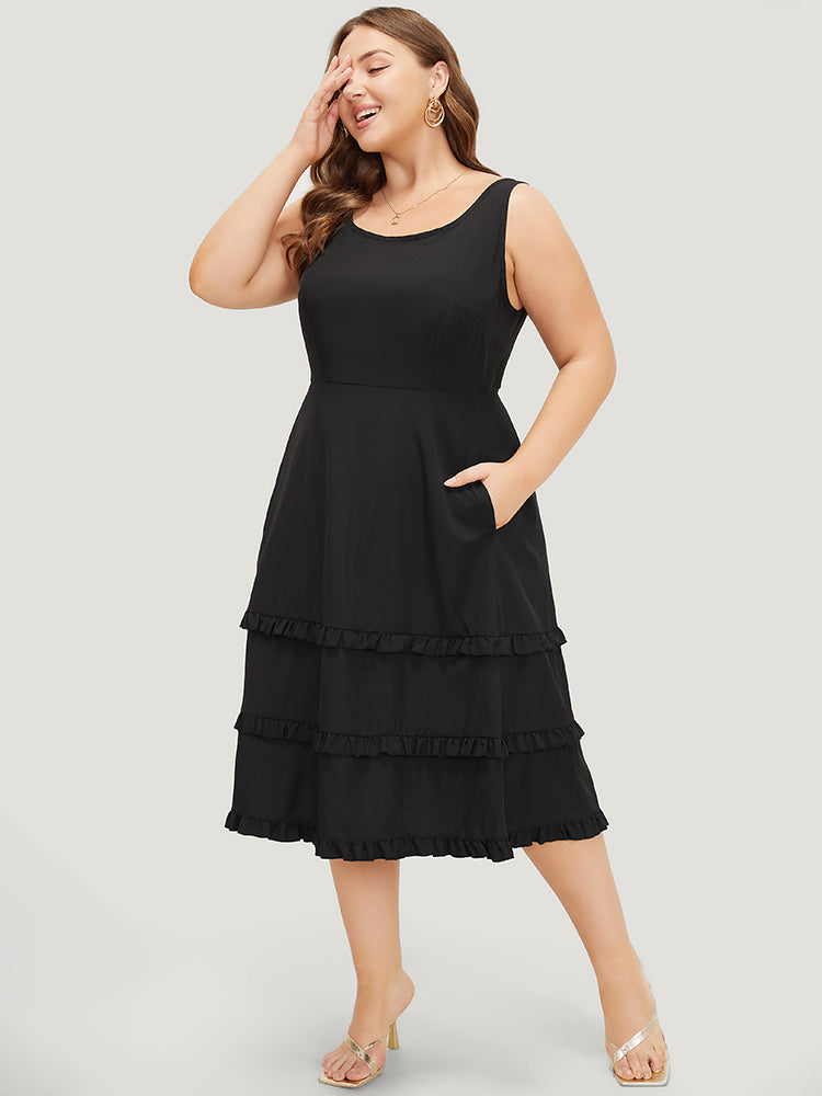 Plain Ruffle Trim Pocket Layered Hem Tank Dress