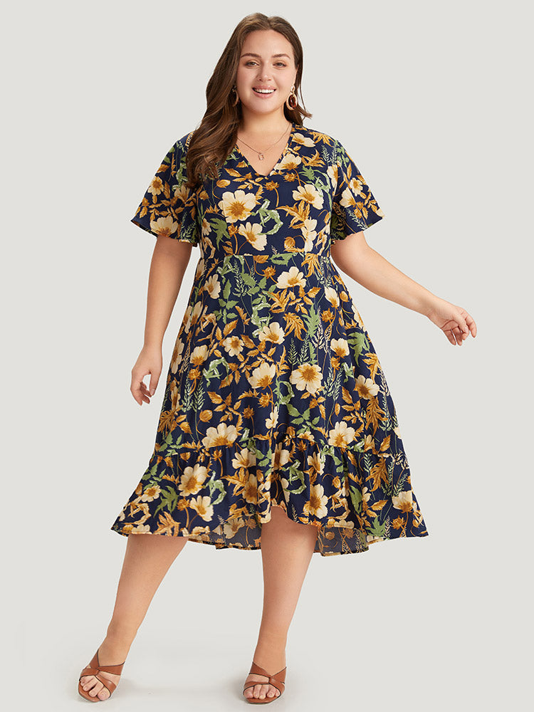 Floral Print V Neck Pocket Ruffles Layered Hem Dress