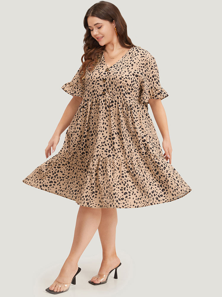 Leopard Print Bell Sleeve Button Up Ruffle Layered Hem Dress