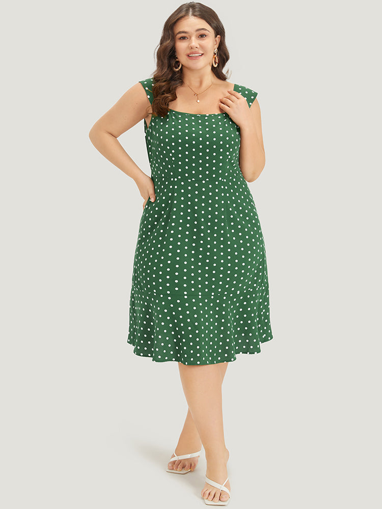 Polka Dot Ruffle Hem Pocket Square Neck Sleeveless Dress