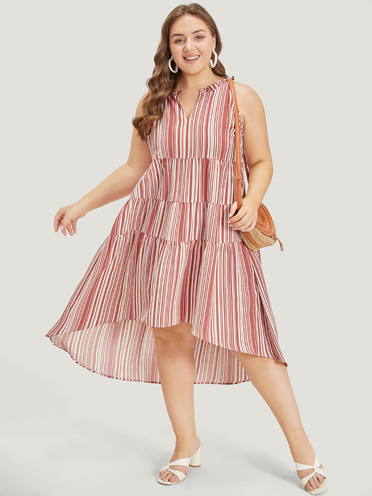 Striped Pocket Notched Ruffle Layered Hem Dress