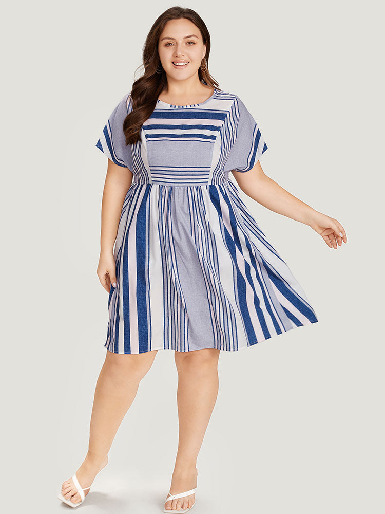 Striped Print Patchwork Ruffle Sleeve Ruched Dress