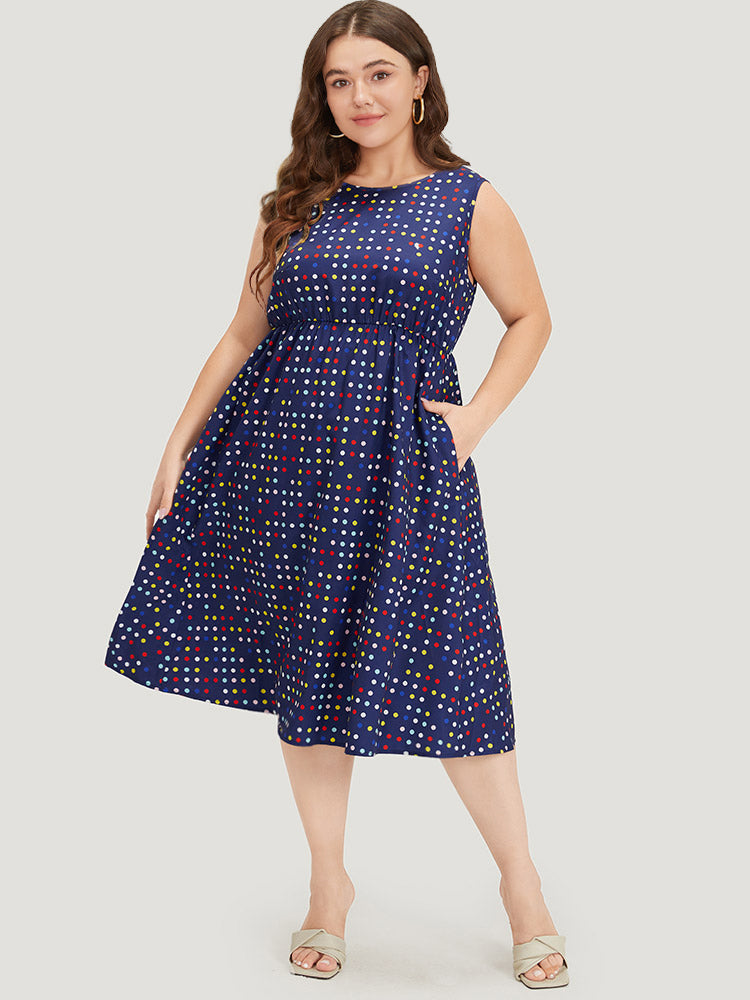 Polka Dot Ruffle Hem Round Neck Pocket Tank Dress