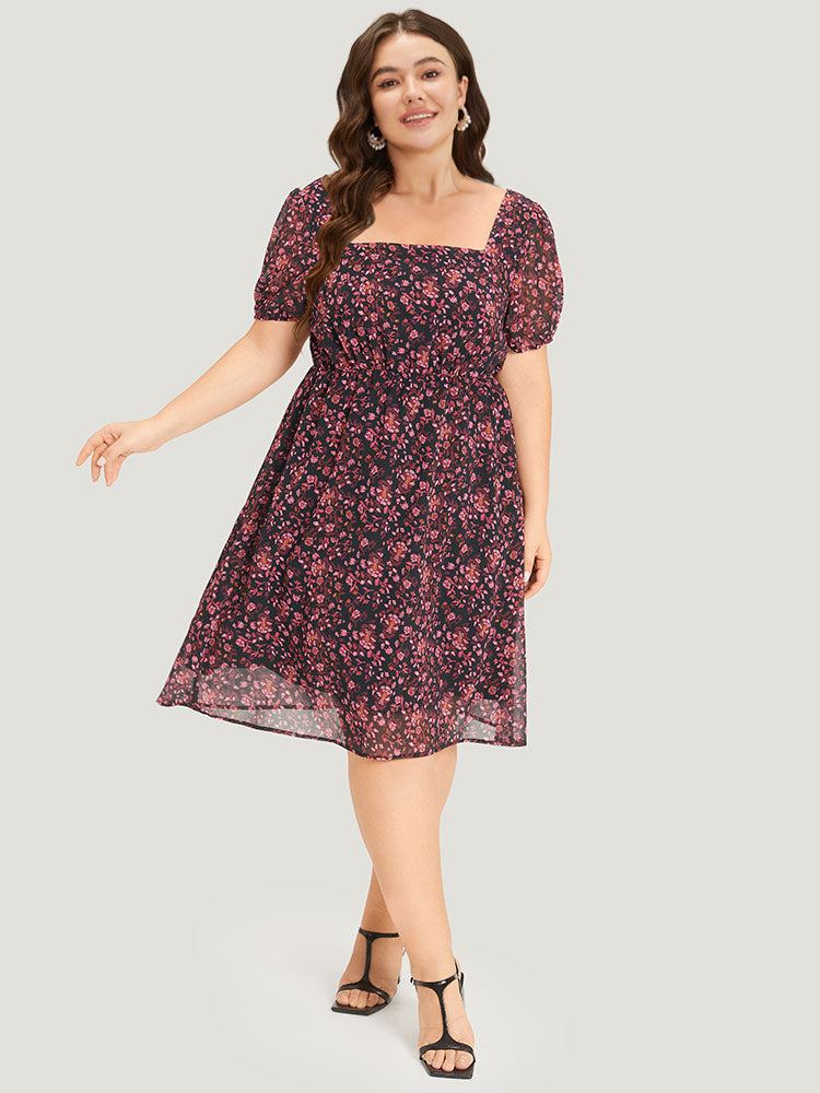 Ditsy Floral Mesh Elastic Waist Puff Sleeve Dress