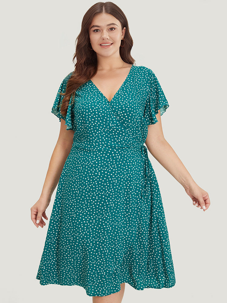 Polka Dot Ties Wrap Hem Ruffle Cap Sleeve Dress