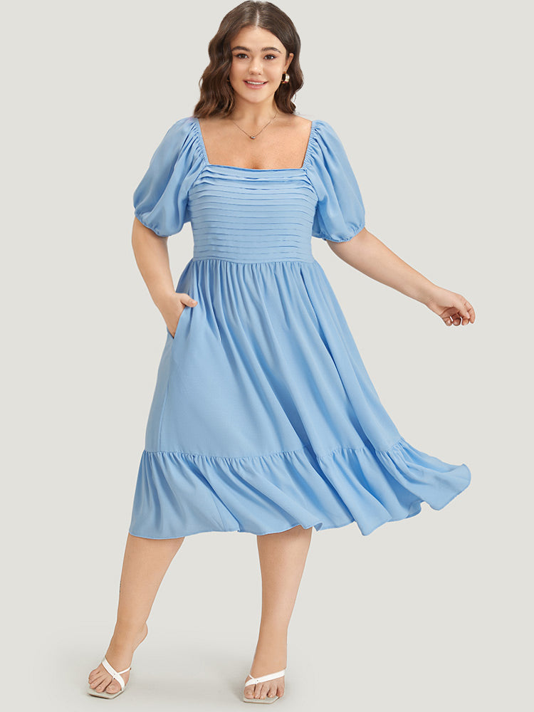 Square Neck Puff Sleeve Ruched Ruffle Hem Dress