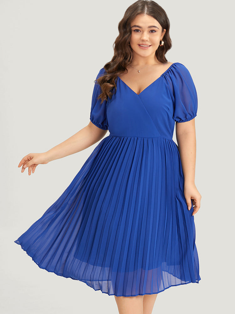 Plain Pleated V Neck Elastic Cuffs Puff Sleeve Dress