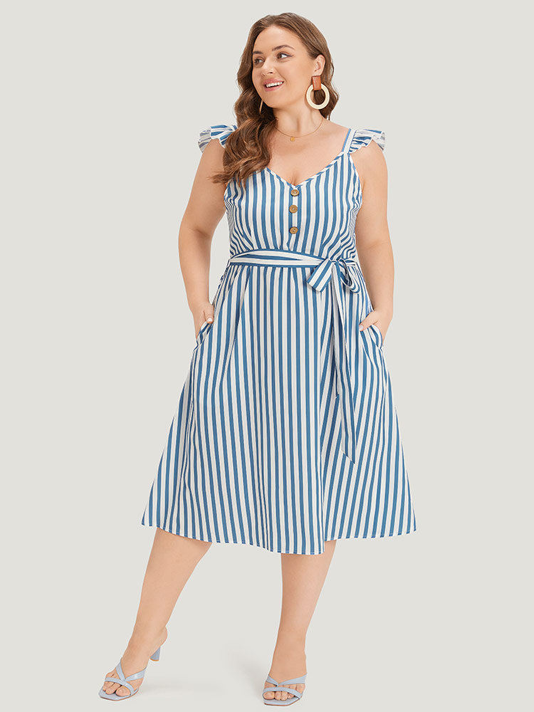 Striped Ruffle Trim Button Detail Belted Dress