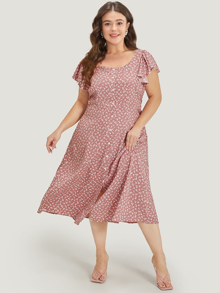 Ditsy Floral Square Neck Ruffle Cap Sleeve Split Hem Dress