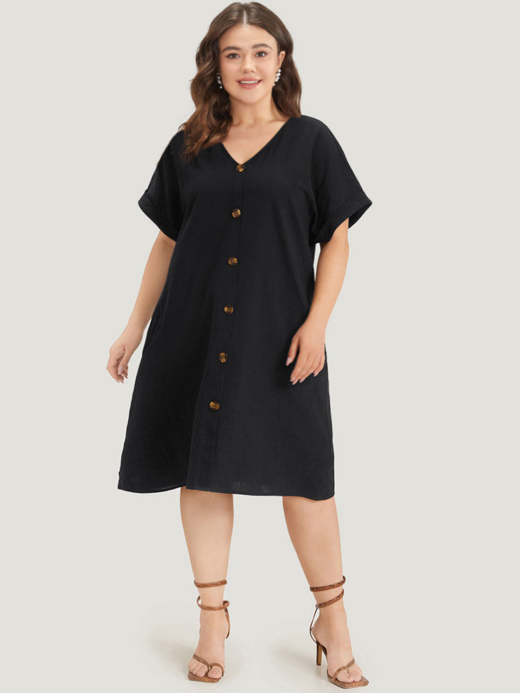 Plain V Neck Button Through Dolman Sleeve Dress