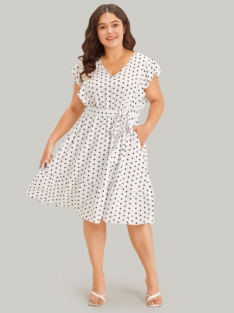 Polka Dot Belted Pocket Ruffle Cap Sleeve Dress