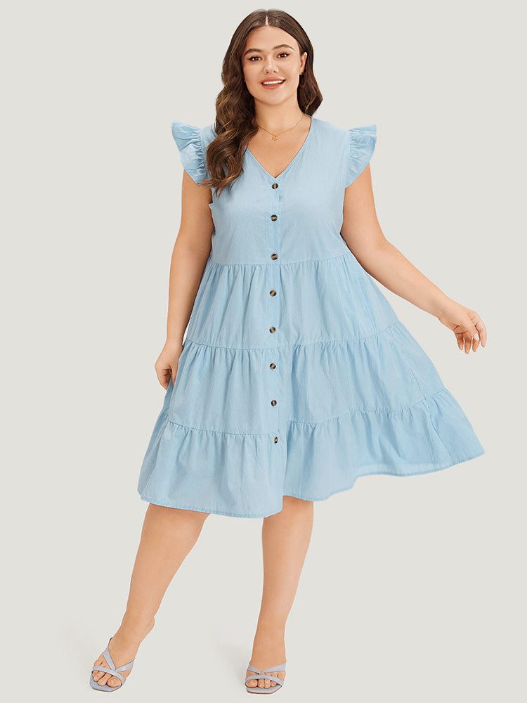 Plain Button Through Ruffle Layered Hem Cap Sleeve Dress