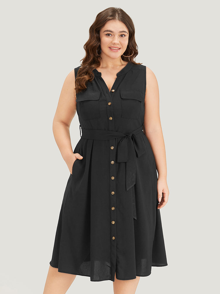 Plain Stand Collar Button Through Pocket Belted Dress