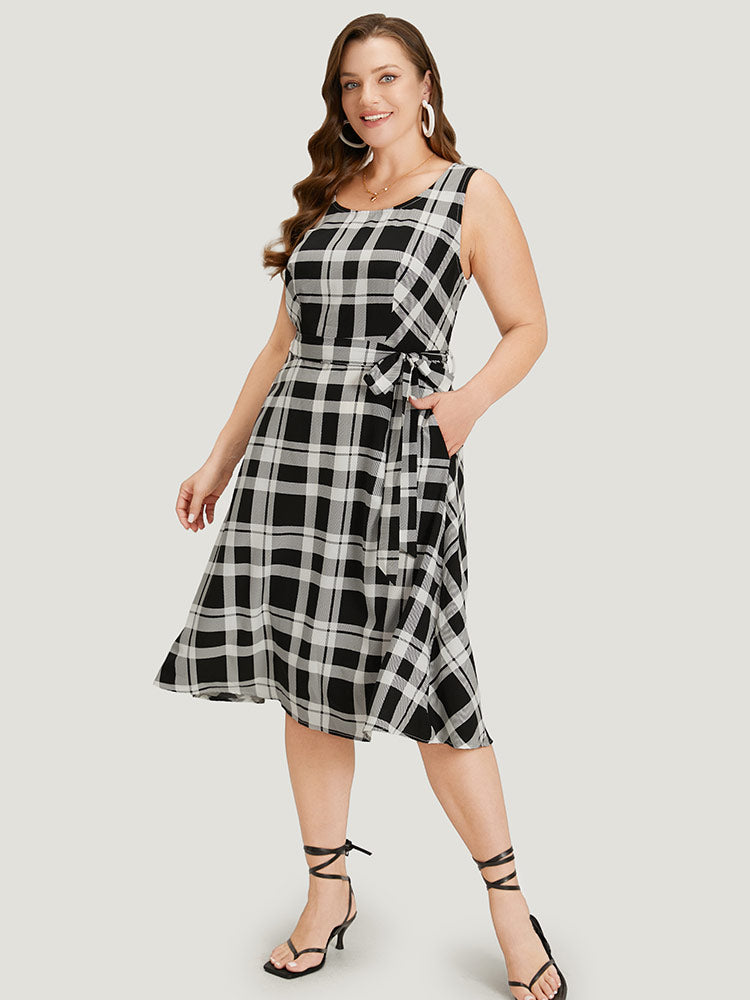 Plaid Pocket Zipper Belted Sleeveless Dress