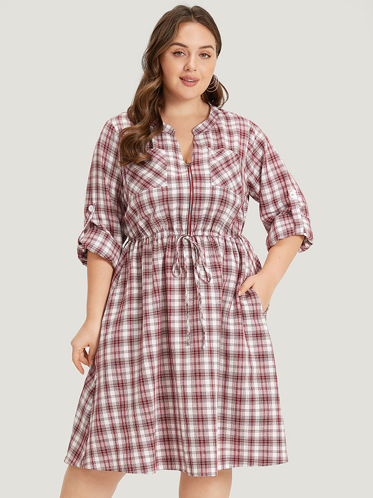 Plaid Drawstring Zipper Notched Tab Sleeve Dress