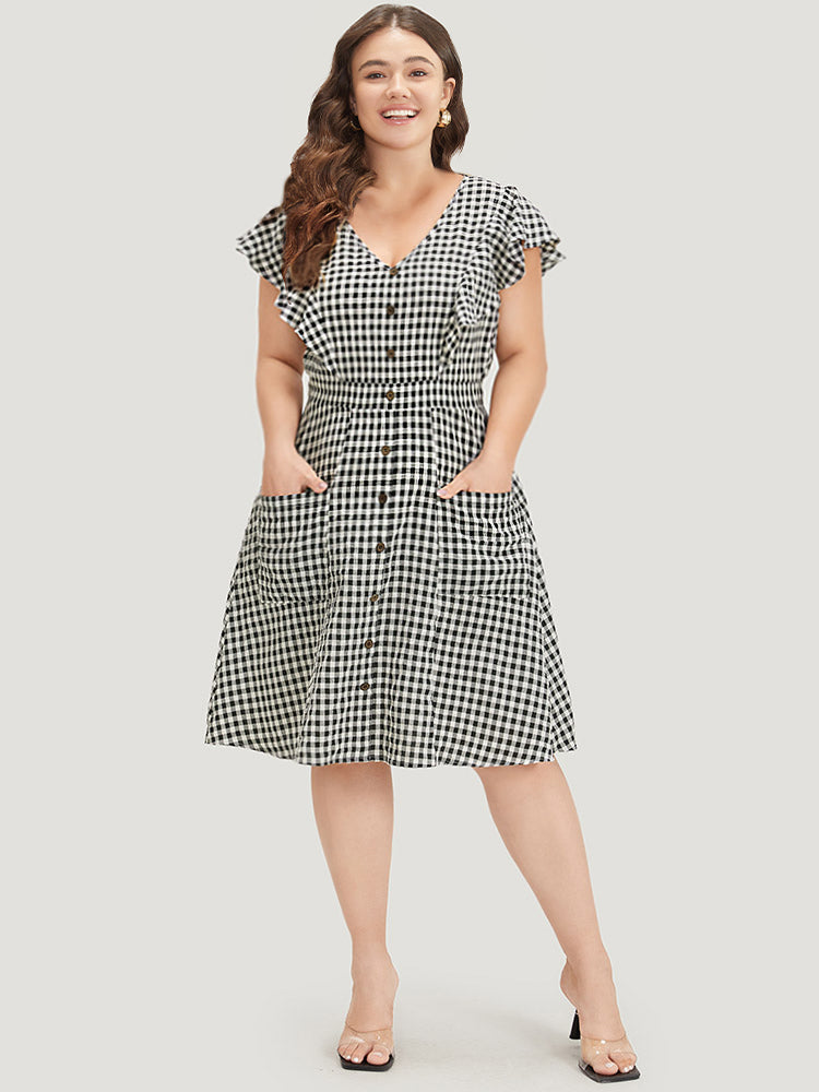 Gingham Button Detail Pocket Ruffle Cap Sleeve Dress