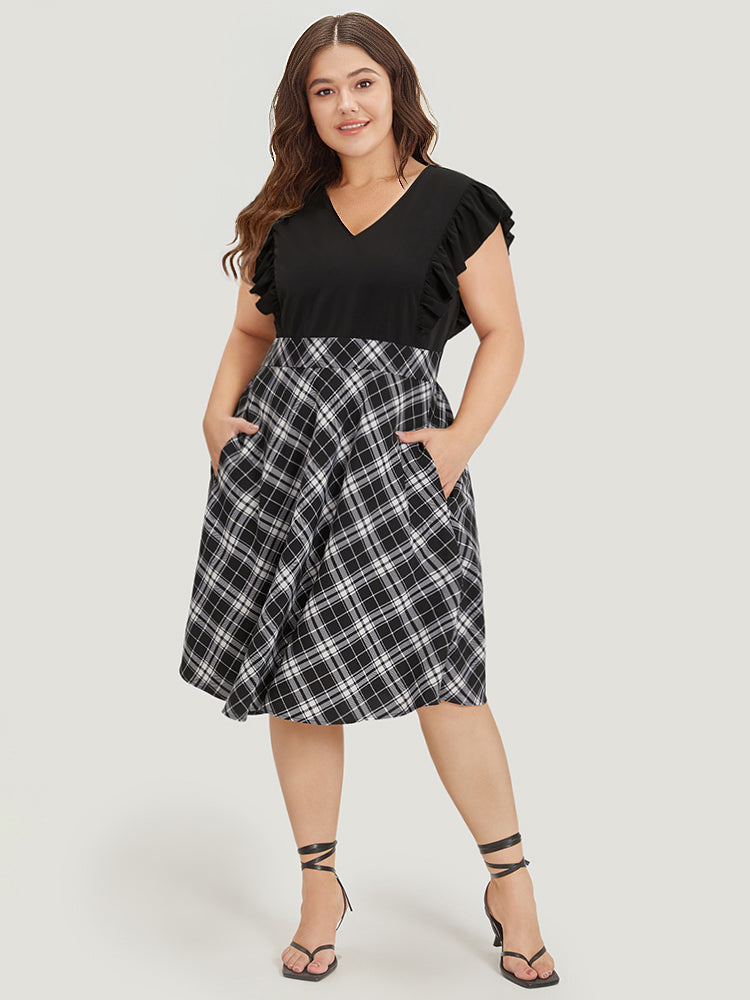 Plaid Patchwork Pocket Ruffle Cap Sleeve Dress