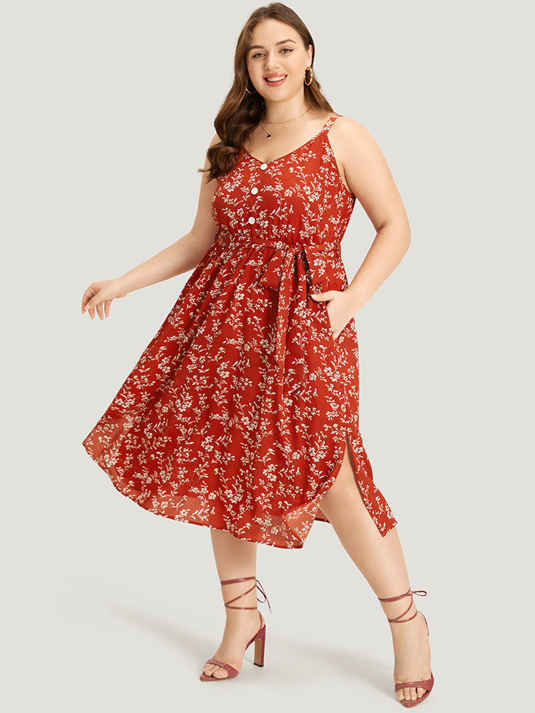 Ditsy Floral Button Detail Belted Split Hem Cami Dress